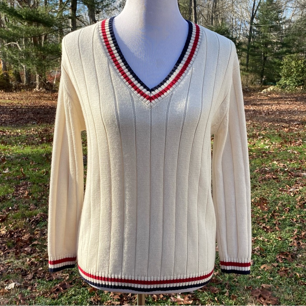 VELVET BY GRAHAM SPENCER SWEATER V-NECK CREAM BLUE RED RIBBED VARSITY SIZE M
